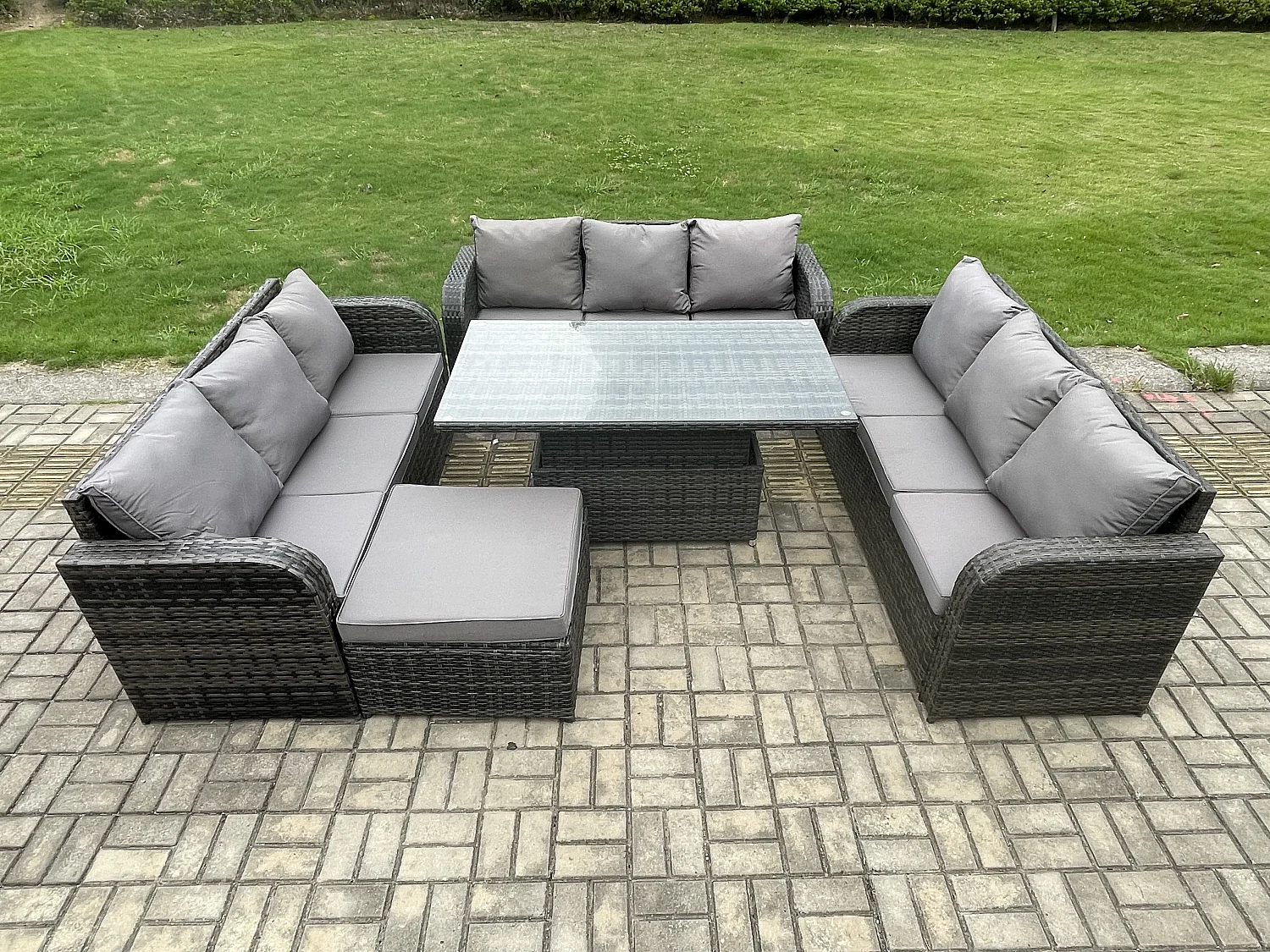 Fimous Patio Garden Dining Set Outdoor Rattan Furniture Lounge Sofa Height Adjustable Rising lifting Table With Big Footstool Dark Grey Mixed
