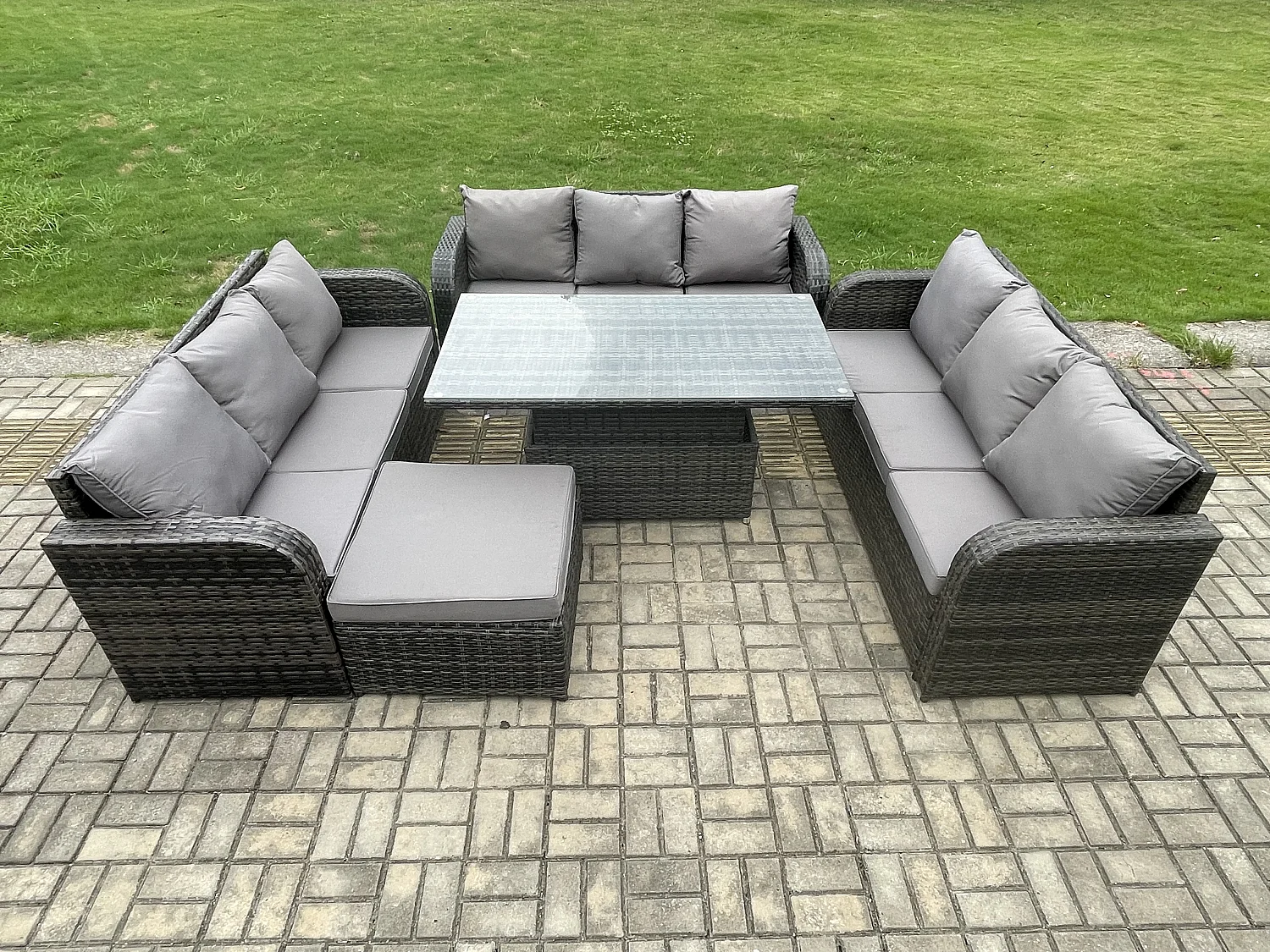 Fimous Patio Garden Dining Set Outdoor Rattan Furniture Lounge Sofa Height Adjustable Rising lifting Table With Big Footstool Dark Grey Mixed