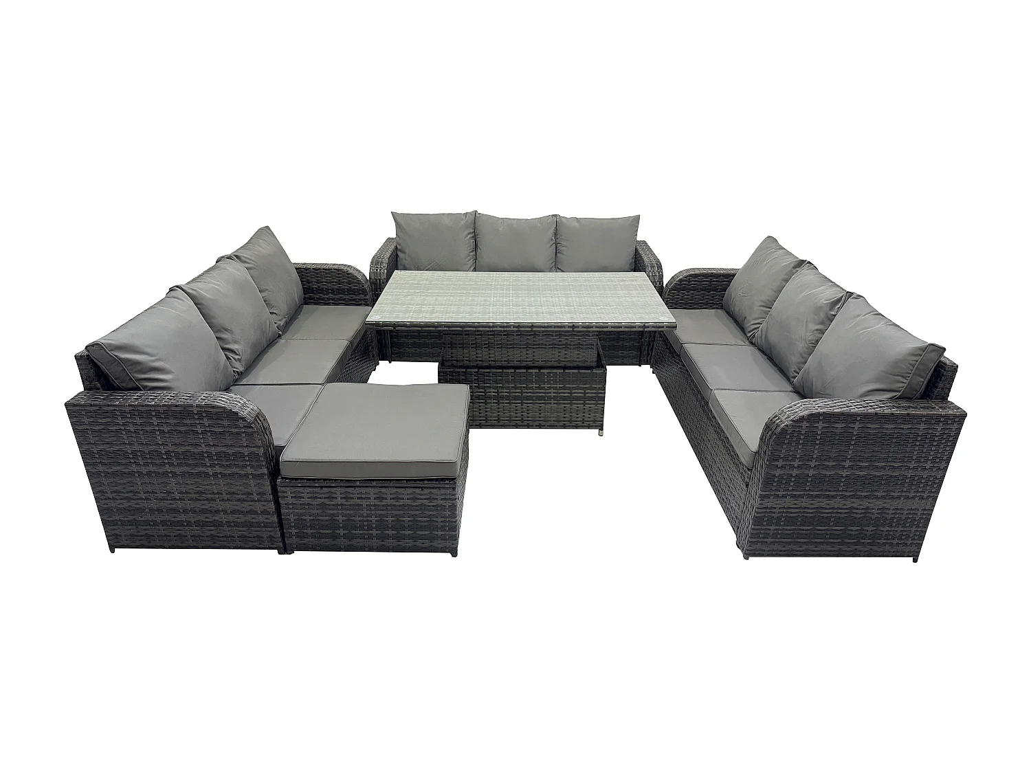 Fimous Patio Garden Dining Set Outdoor Rattan Furniture Lounge Sofa Height Adjustable Rising lifting Table With Big Footstool Dark Grey Mixed