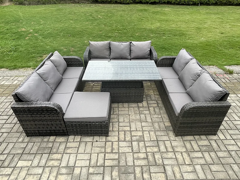Rattan Gartensofa Set mit Einstellbare Höhe Esstisch 3 sofa Grand Hocker Dunkelgrau gemischt