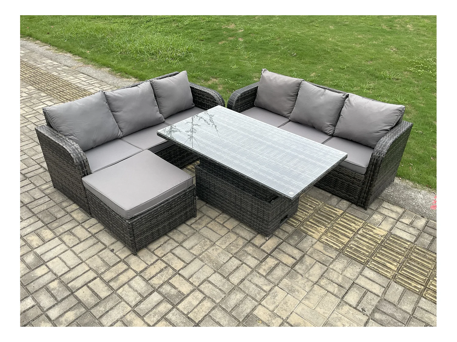 Mobilier À Dîner De Jardin 7 Places ave Table à manger réglable en hauteur Canapé 3 places Tabourets Mélange gris foncé