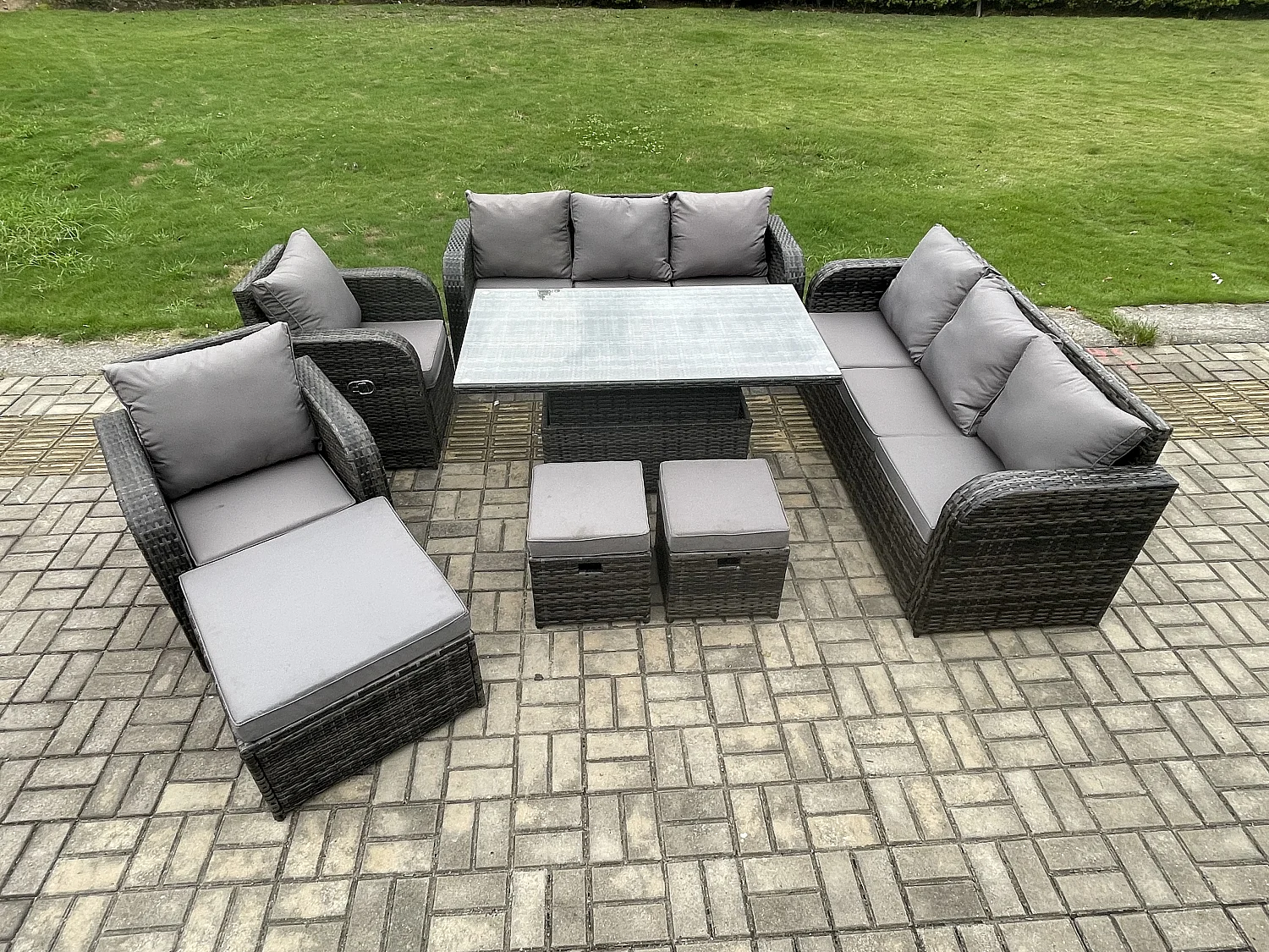 Fimous Wicker PE Rattan Outdoor Garden Furniture Sets Height Adjustable Rising lifting DiningTable Sofa Set with Reclining Chair 3 Footstools Dark Grey Mixed