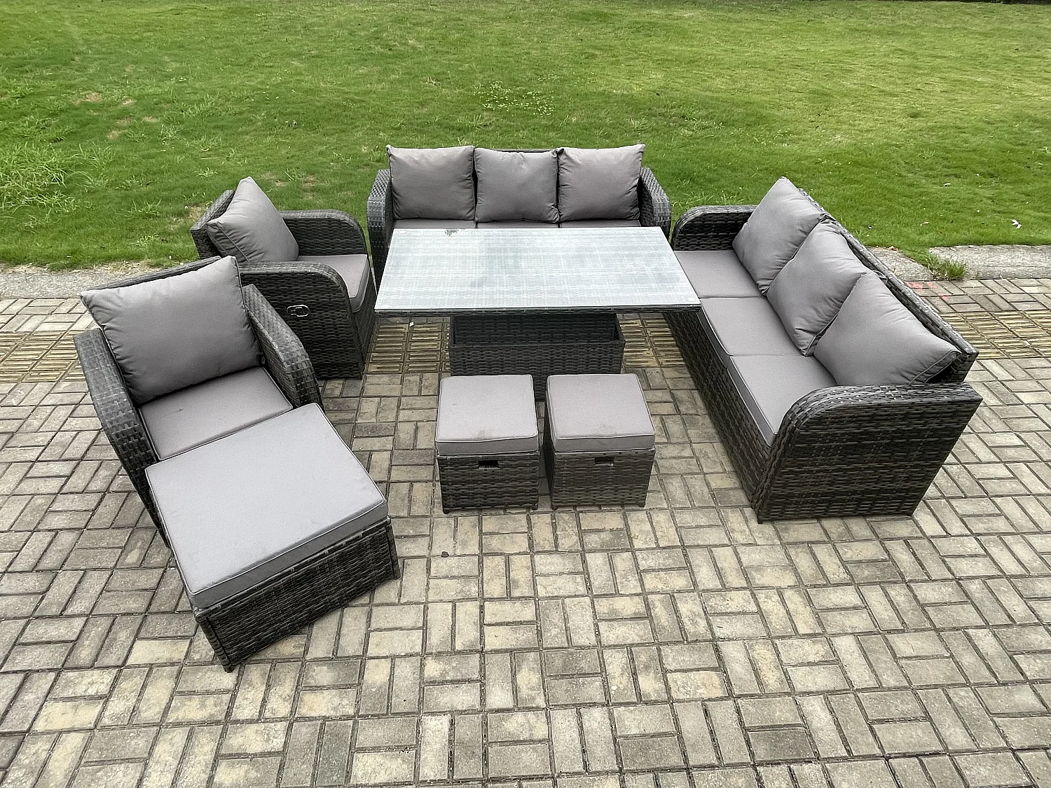 Fimous Wicker PE Rattan Outdoor Garden Furniture Sets Height Adjustable Rising lifting DiningTable Sofa Set with Reclining Chair 3 Footstools Dark Grey Mixed