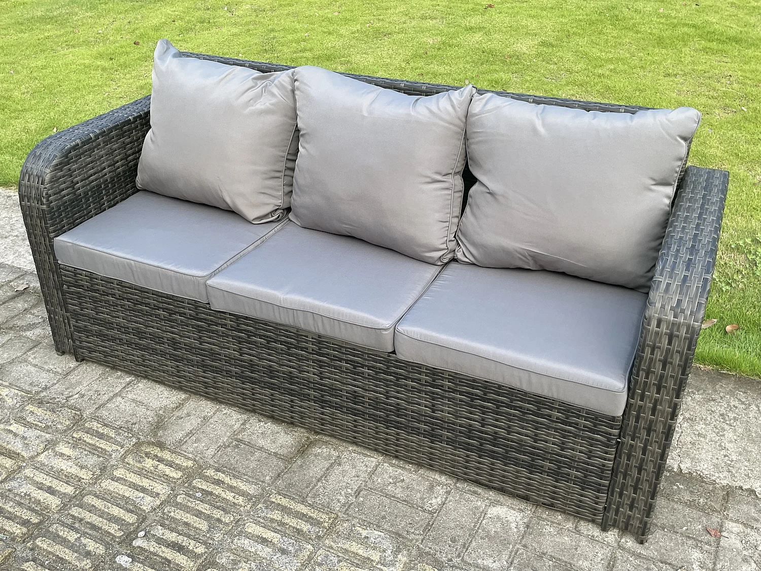 Fimous Wicker PE Rattan Outdoor Garden Furniture Sets Height Adjustable Rising lifting DiningTable Sofa Set with Reclining Chair 3 Footstools Dark Grey Mixed