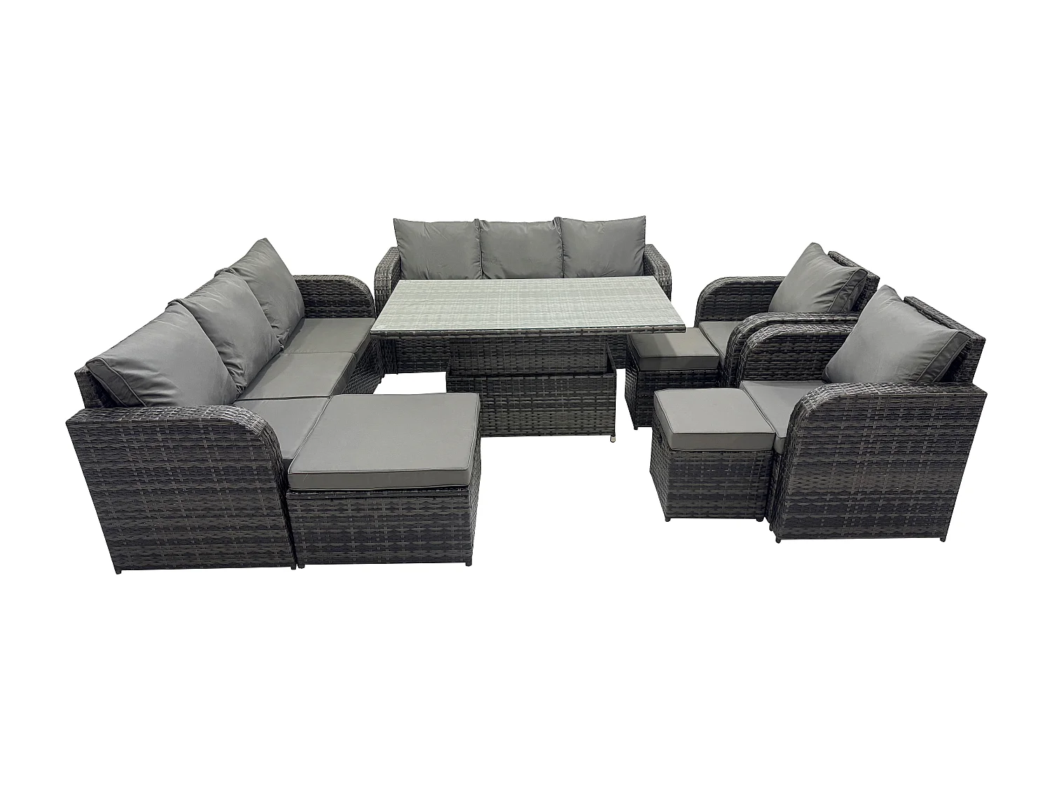 Fimous Wicker PE Rattan Outdoor Garden Furniture Sets Height Adjustable Rising lifting DiningTable Sofa Set with Reclining Chair 3 Footstools Dark Grey Mixed