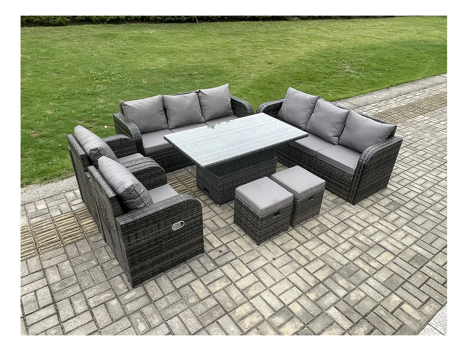 Polyrattan Gartenmöbel Set mit Einstellbare Höhe Esstisch 2 Liegestuhl sofa 2 Petit Hocker
