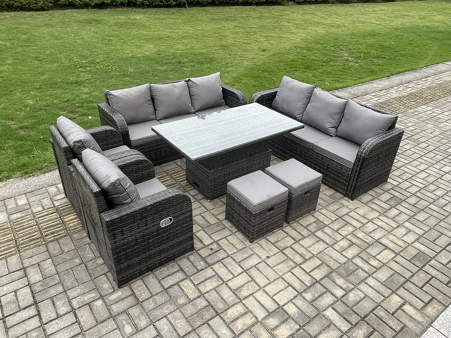 Fimous Rattan Outdoor Garden Furniture Sets Height Adjustable Rising lifting DiningTable Sofa Set with Reclining Chair 2 Small Footstools Dark Grey Mixed