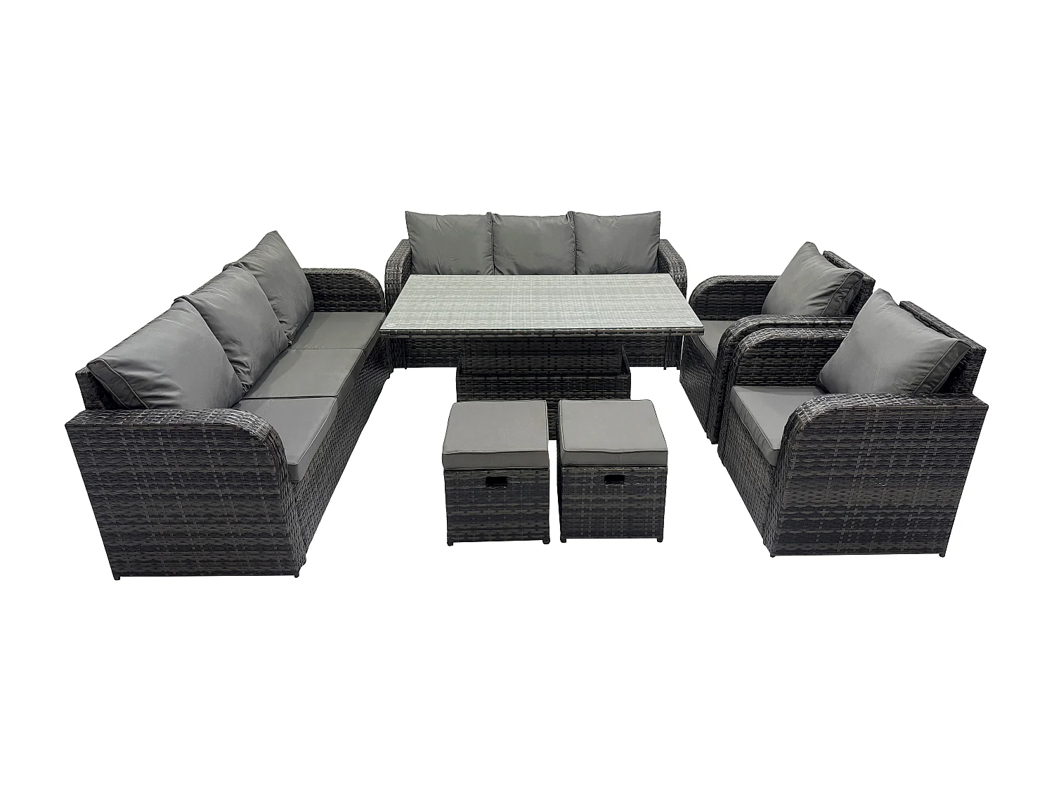 Fimous Rattan Outdoor Garden Furniture Sets Height Adjustable Rising lifting DiningTable Sofa Set with Reclining Chair 2 Small Footstools Dark Grey Mixed