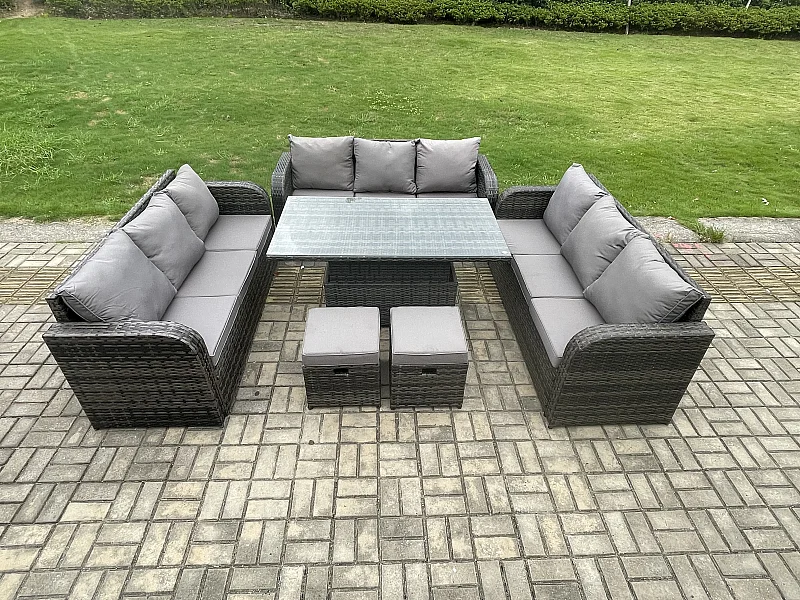 Mobilier À Dîner De Jardin ave Table à manger réglable en hauteur 3 Canapé 2 Tabourets Mélange gris foncé