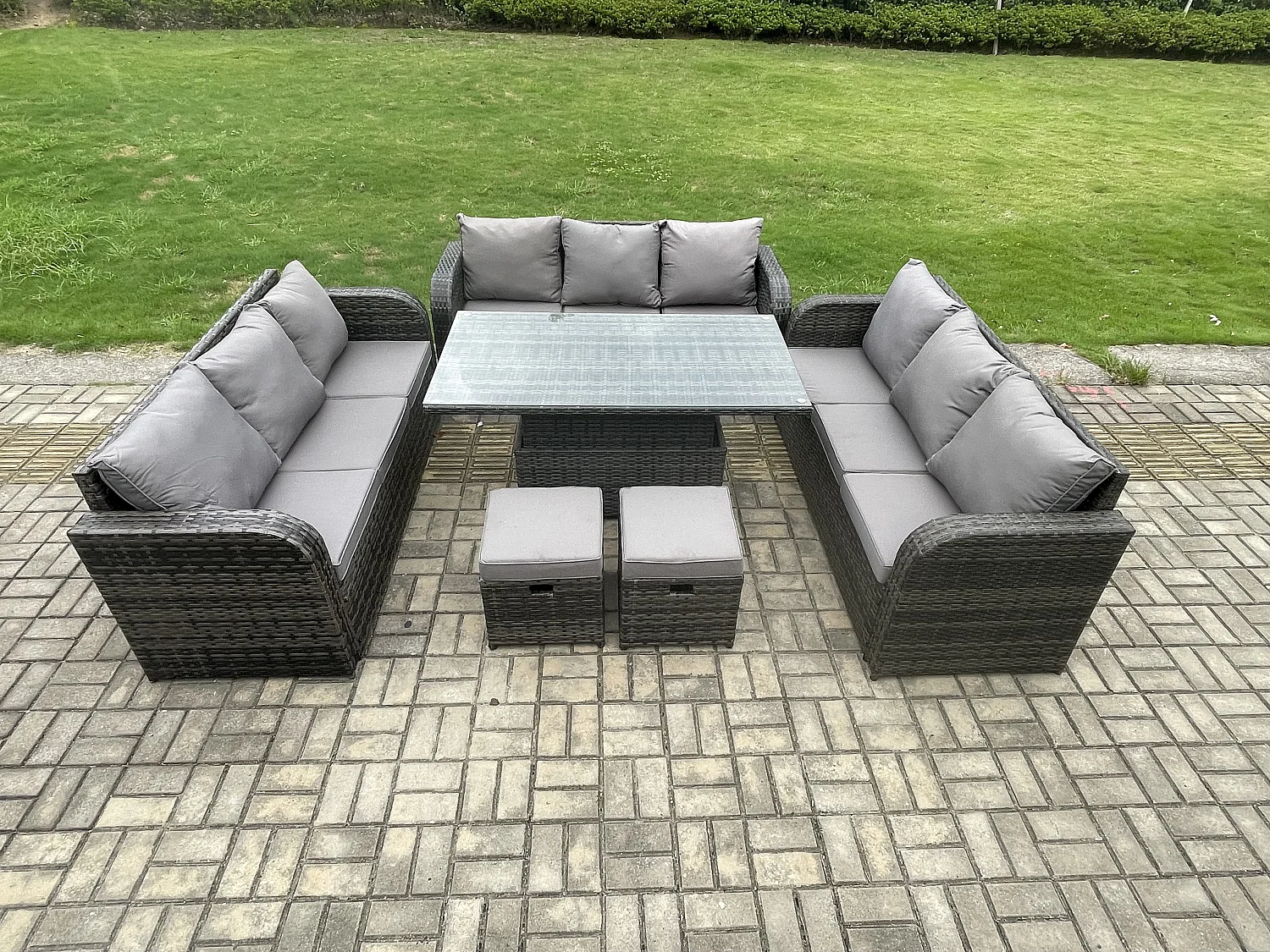 Fimous Patio Garden Dining Set Outdoor Rattan Furniture Lounge Sofa Height Adjustable Rising lifting Table With 2 Small Footstools Dark Grey Mixed