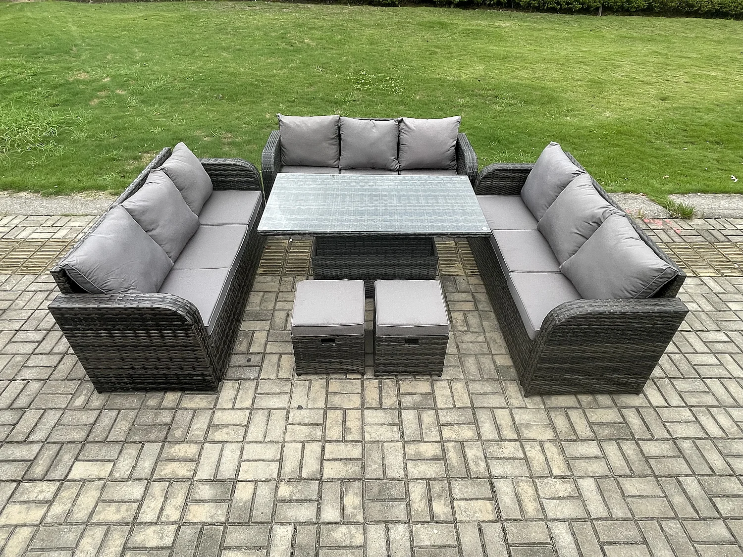 Fimous Patio Garden Dining Set Outdoor Rattan Furniture Lounge Sofa Height Adjustable Rising lifting Table With 2 Small Footstools Dark Grey Mixed