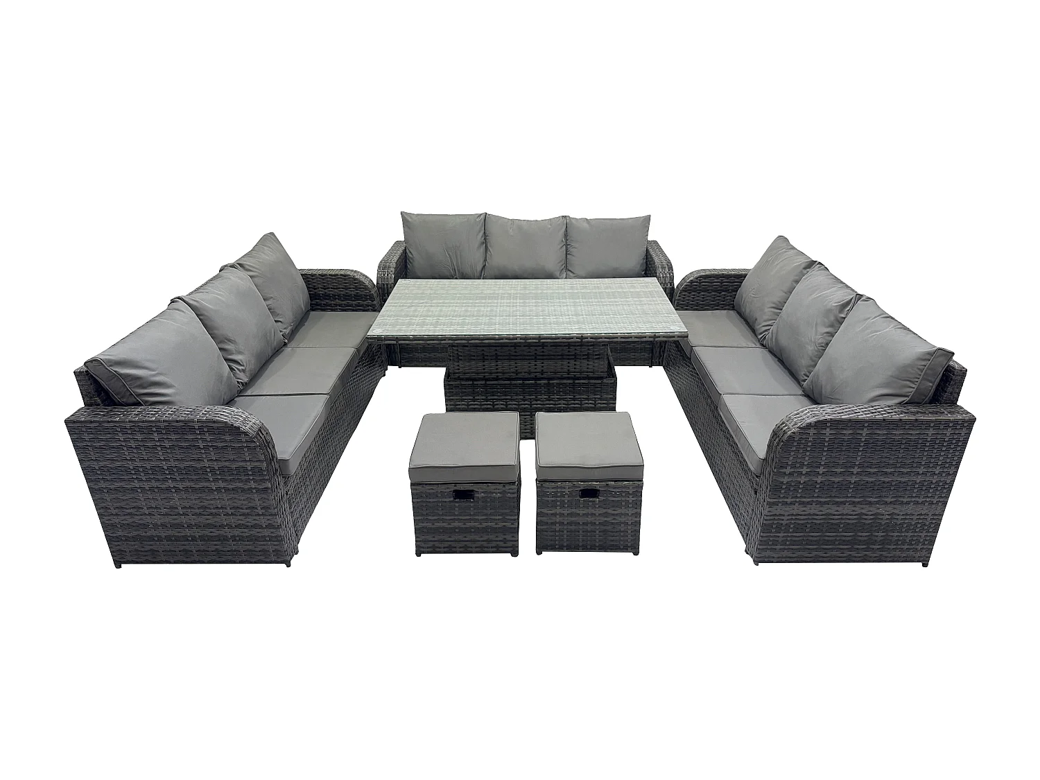 Fimous Patio Garden Dining Set Outdoor Rattan Furniture Lounge Sofa Height Adjustable Rising lifting Table With 2 Small Footstools Dark Grey Mixed