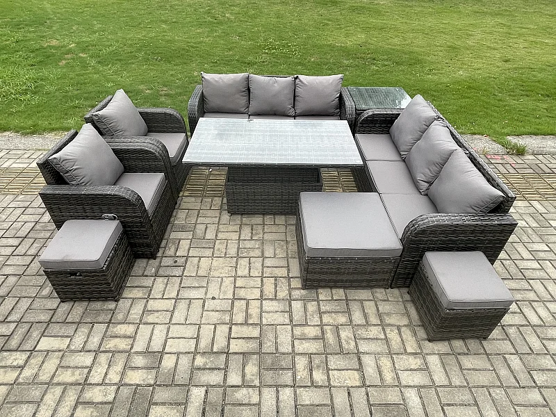 Polyrattan Gartenmöbel Set mit Einstellbare Höhe Esstisch 2 Liegestuhl sofa 3 Hocker Beistelltisch