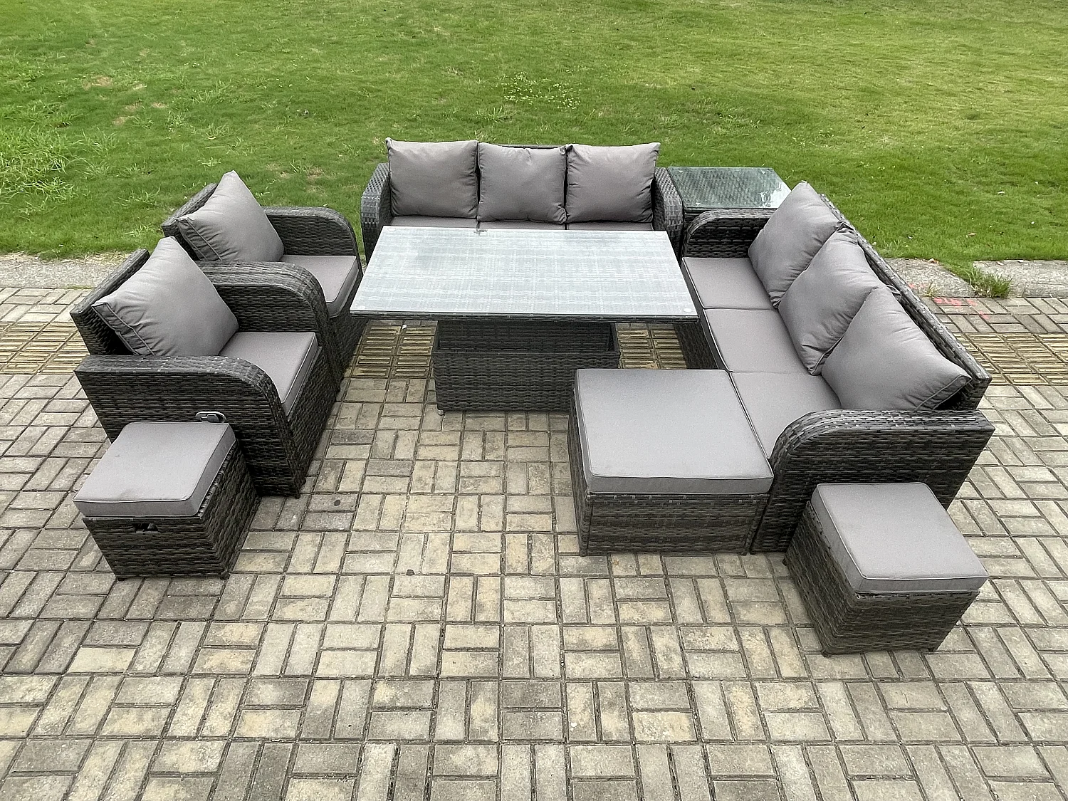 Fimous Wicker PE Rattan Outdoor Garden Furniture Sets Height Adjustable Rising lifting Dining Table Sofa Set with Reclining Chair Side Table 3 Footstools