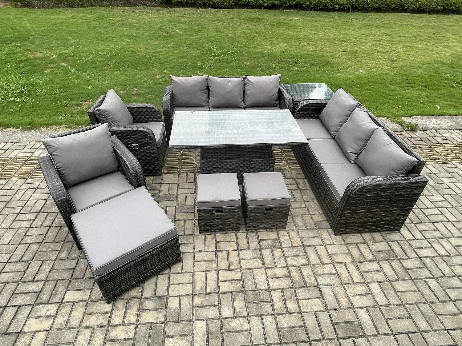 Fimous Wicker PE Rattan Outdoor Garden Furniture Sets Height Adjustable Rising lifting Dining Table Sofa Set with Reclining Chair Side Table 3 Footstools