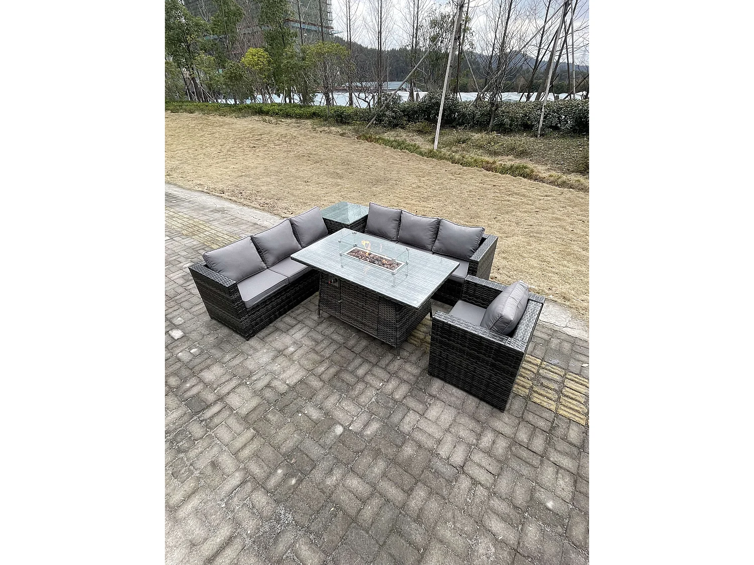 Fimous 7 Seater PE Rattan Corner Sofa Set garden Furniture Gas Firepit Dining Table Set High Side Coffee Table With Arm Chair
