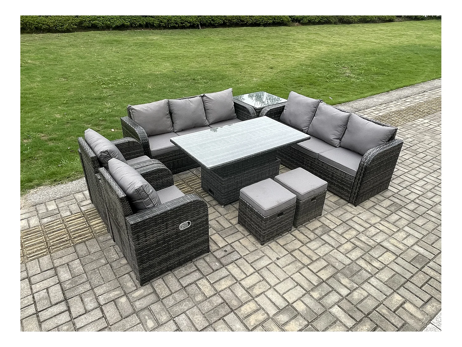 Ensemble de salle à manger jardin en rotin ave Table à manger réglable en hauteur 2 Chaises inclinable Canapé 2 Tabourets Table d'appoint