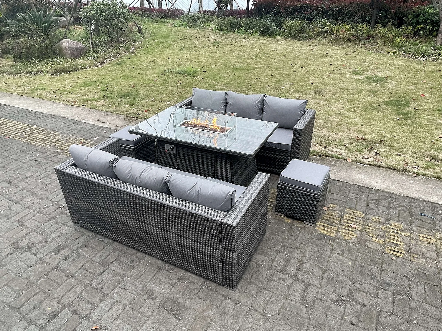 Meubles à manger de jardin PE Rotin 6 Places ave canapé Table de foyer à gaz Mélange gris foncé