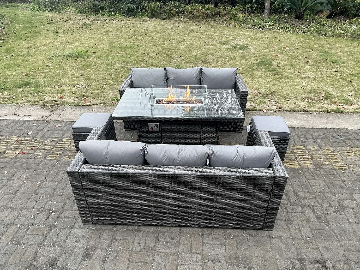 Fimous Outdoor PE Rattan Garden Furniture Gas Fire Pit Dining Table Lounge Sofa 2 PC Footstools Dark Grey Mixed Patio