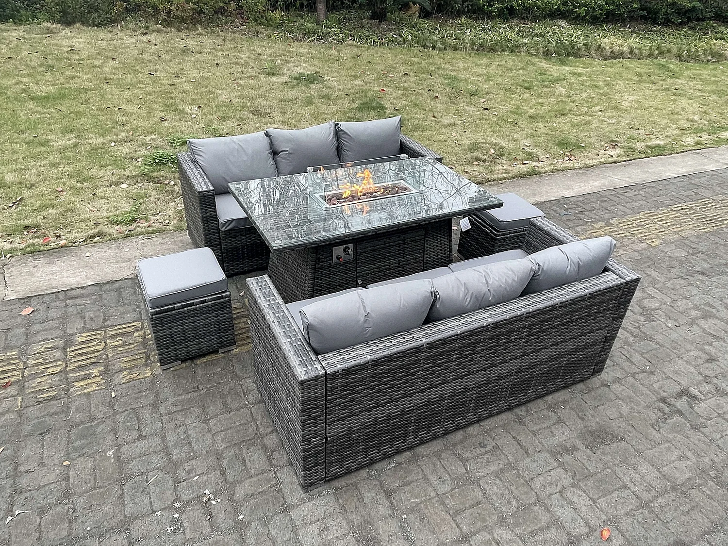 Fimous Outdoor PE Rattan Garden Furniture Gas Fire Pit Dining Table Lounge Sofa 2 PC Footstools Dark Grey Mixed Patio