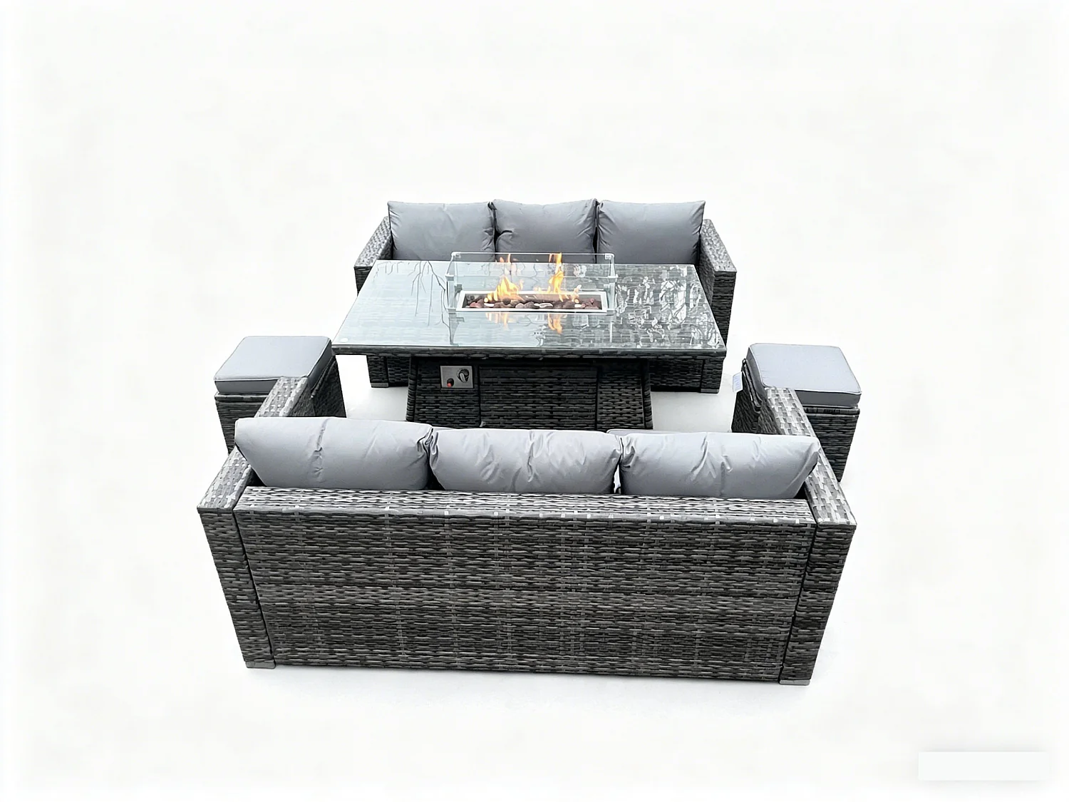 Fimous Outdoor PE Rattan Garden Furniture Gas Fire Pit Dining Table Lounge Sofa 2 PC Footstools Dark Grey Mixed Patio