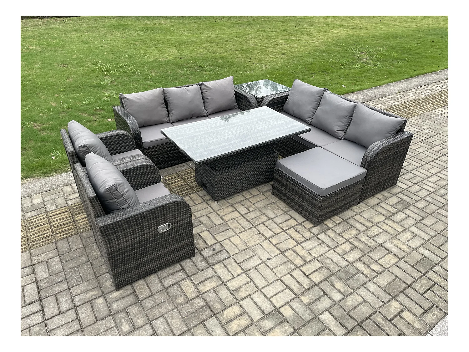 Polyrattan Gartenmöbel Set mit Einstellbare Höhe Esstisch 2 Liegestuhl sofa Hocker Beistelltisch
