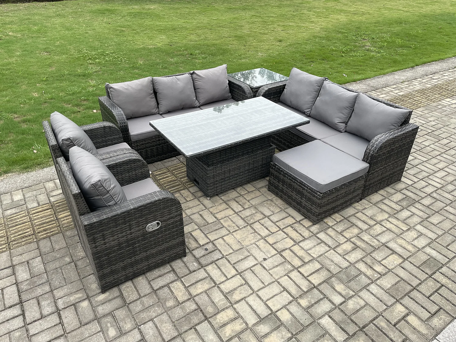 Fimous PE Rattan Outdoor Garden Furniture Sets Height Adjustable Rising lifting DiningTable Sofa Set with Reclining Chair Side Table Footstool Dark Grey Mixed