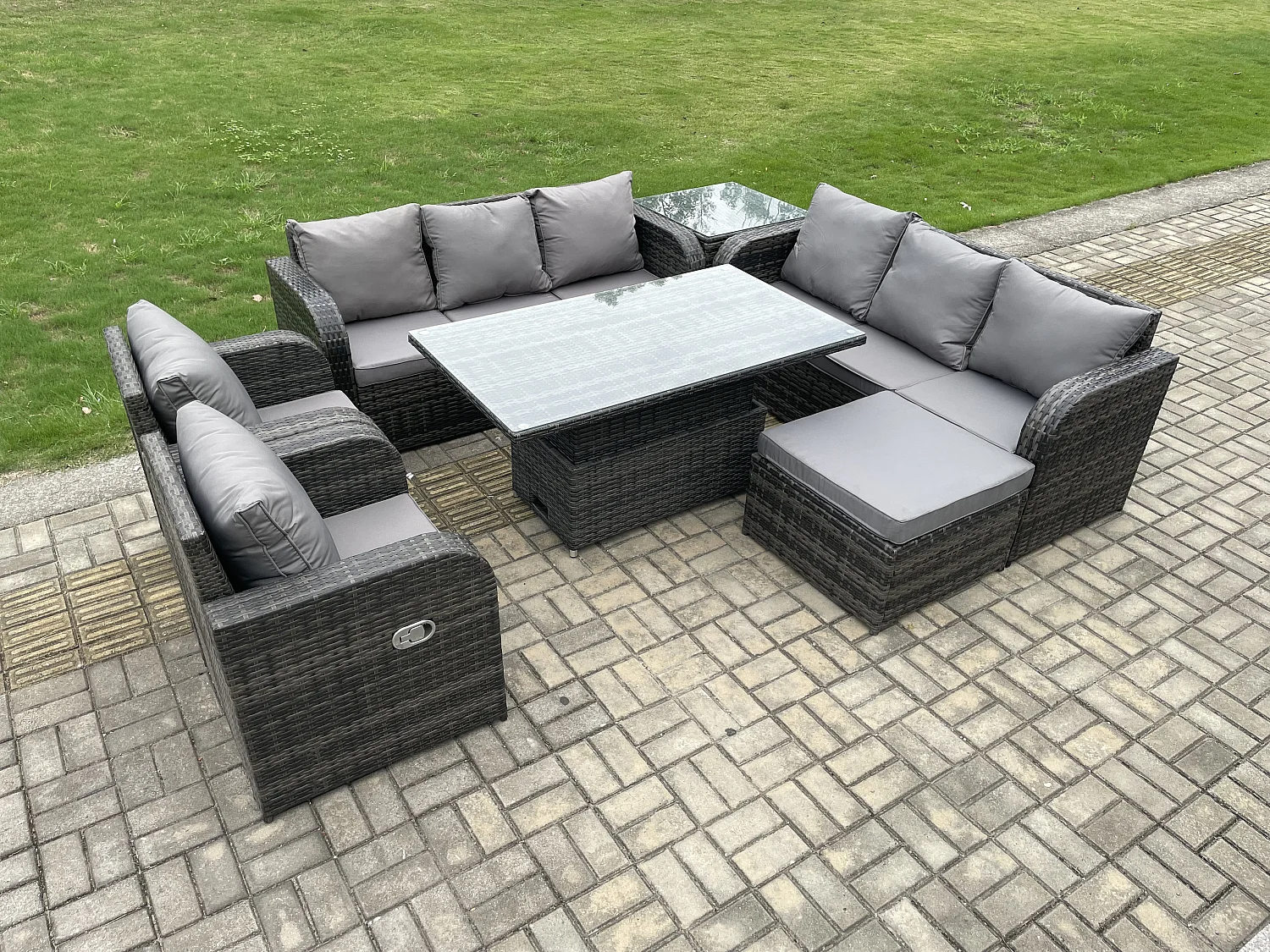 Fimous PE Rattan Outdoor Garden Furniture Sets Height Adjustable Rising lifting DiningTable Sofa Set with Reclining Chair Side Table Footstool Dark Grey Mixed