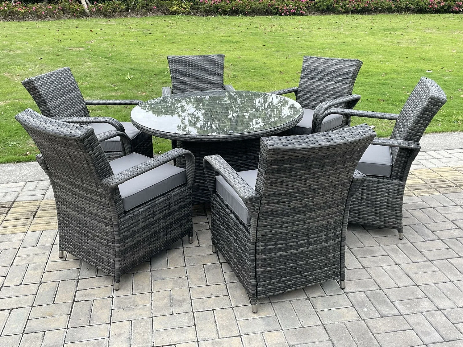 Rattan Gartenmöbel Set 6 Stuhl mit Rondelltisch Polyrattan Dunkelgrau gemischt