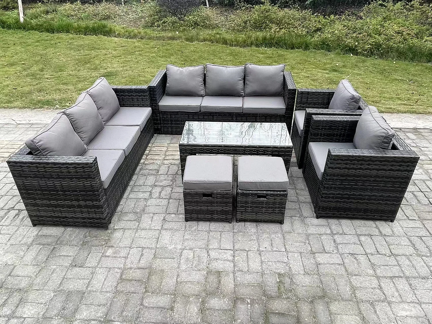 Fimous Outdoor Rattan Garden Furniture Lounge Sofa Set With Oblong Rectagular Coffee Table 2 PC Arm Chair 2 Stools