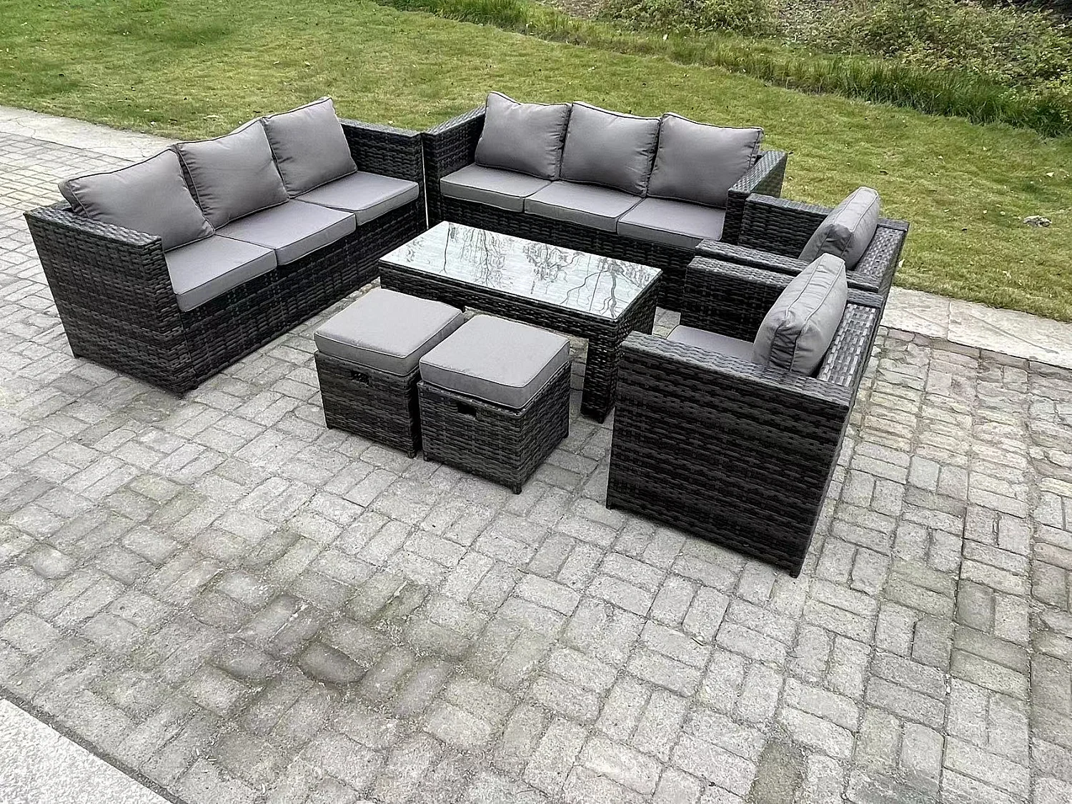 Fimous Outdoor Rattan Garden Furniture Lounge Sofa Set With Oblong Rectagular Coffee Table 2 PC Arm Chair 2 Stools