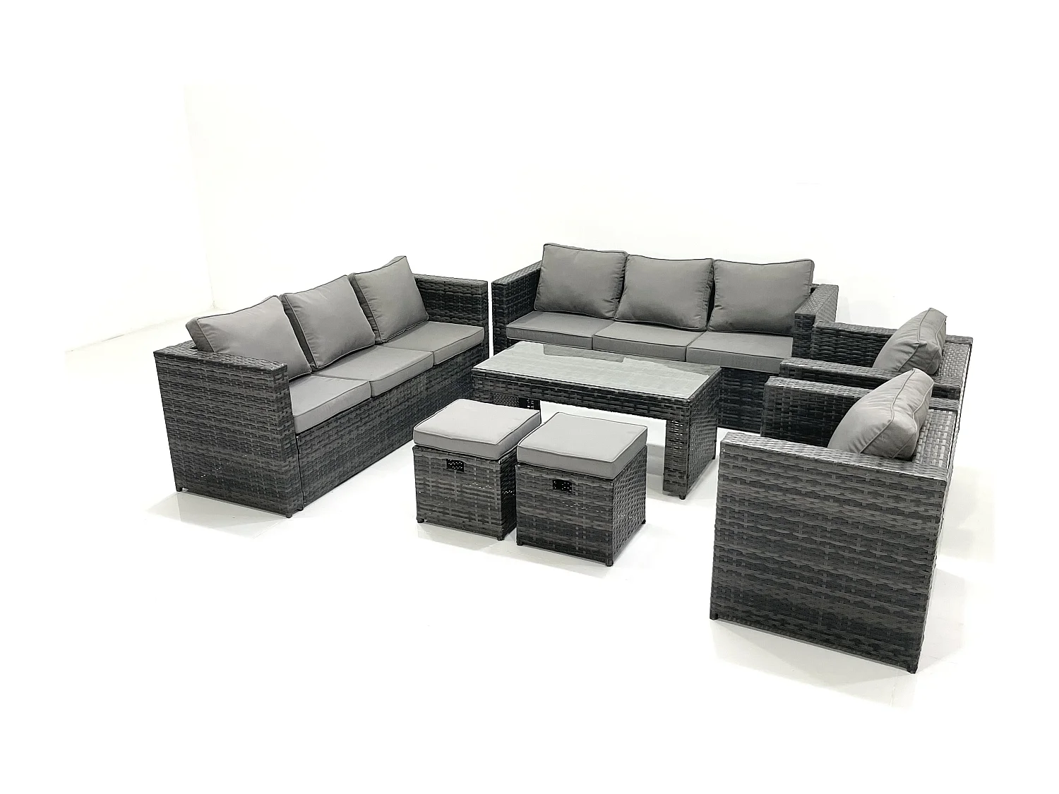 Fimous Outdoor Rattan Garden Furniture Lounge Sofa Set With Oblong Rectagular Coffee Table 2 PC Arm Chair 2 Stools