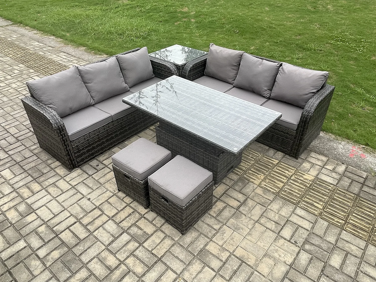 Gartenmöbel Lounge Set 8-Sitzer mit Einstellbare Höhe Esstisch sofa 3-Sitzer 2 Hocker Beistelltisch Dunkelgrau gemischt