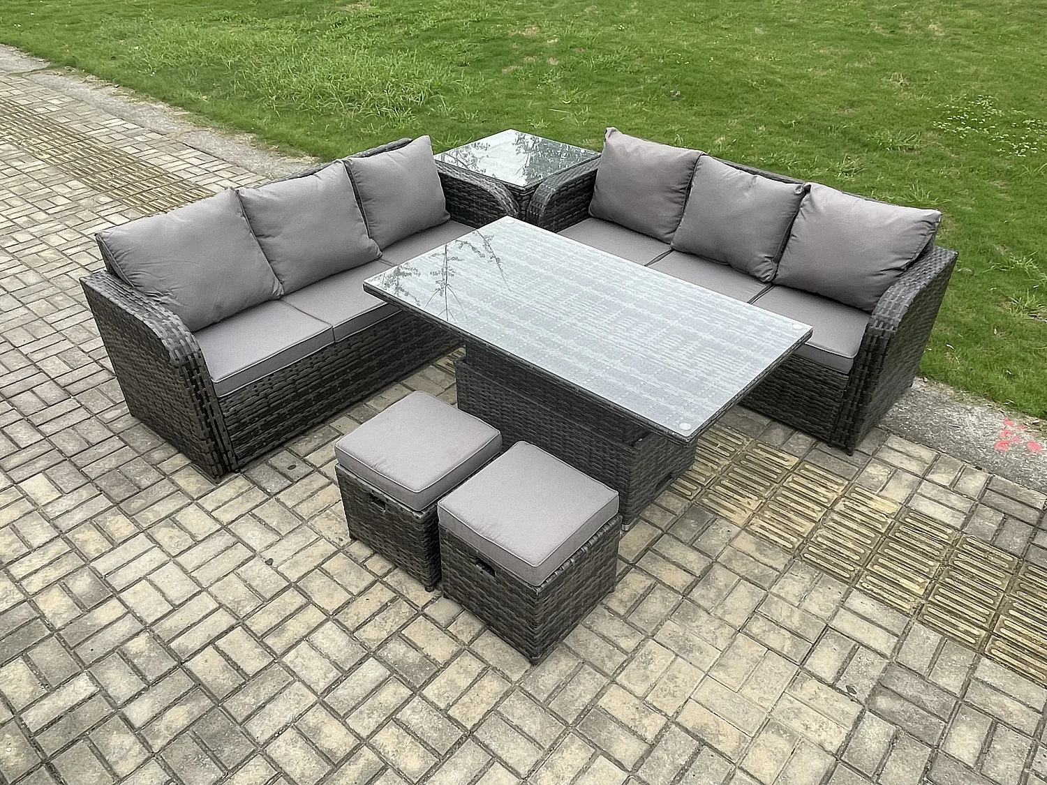 Fimous Outdoor Rattan Garden Furniture Sets Height Adjustable Rising lifting Dining Table Sofa Set with Side Table 2 Small Footstools Dark Grey Mixed