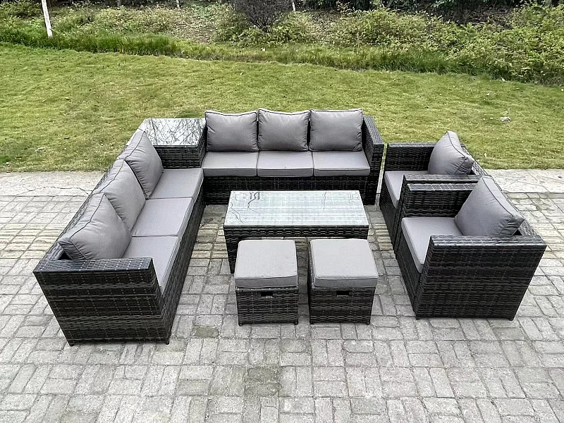 Rattan Gartenmöbel Set mit Ecksofa Couchtisch Beistelltisch 2 Hocker 2 Chaise Dunkelgrau gemischt
