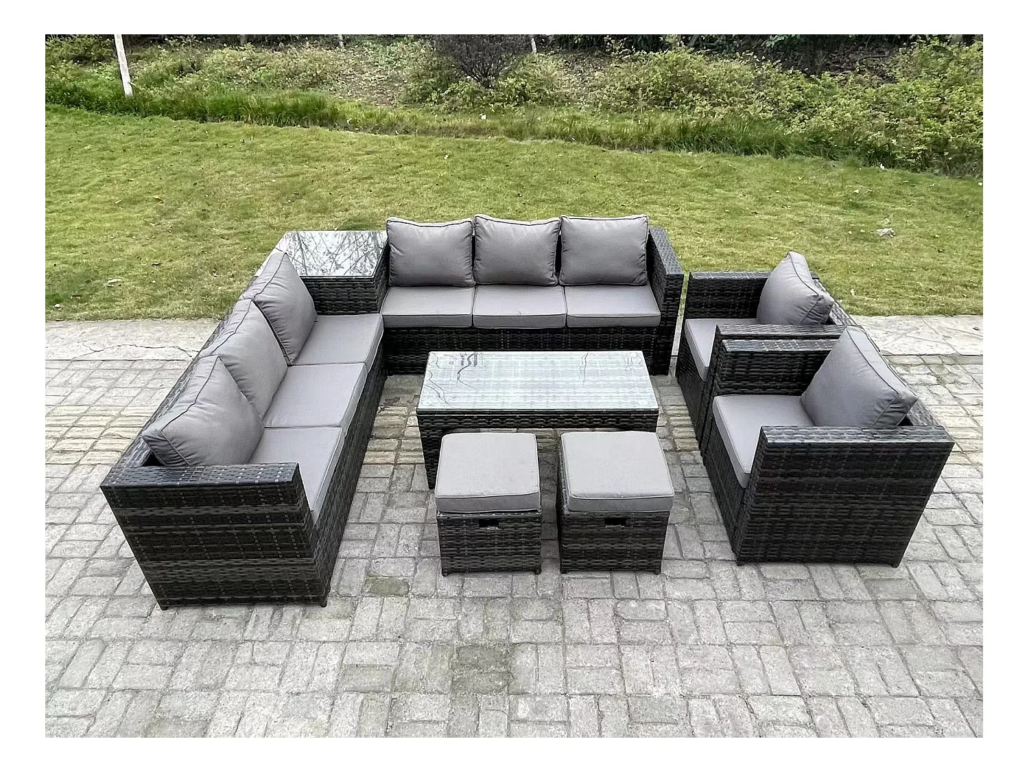 Rattan Gartenmöbel Set mit Ecksofa Couchtisch Beistelltisch 2 Hocker 2 Chaise Dunkelgrau gemischt