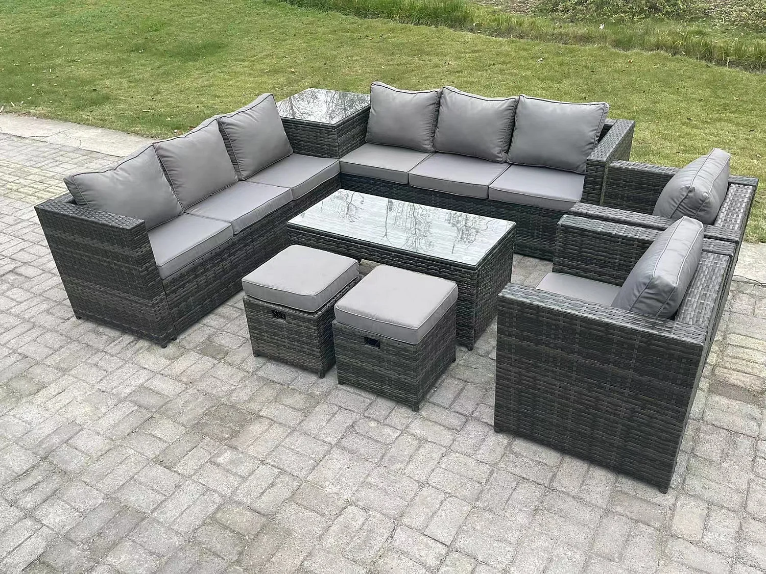 Ensemble de meubles de jardin en rotin ave Canapé d'angle Table basse Table d'appoint 2 Tabourets 2 Chaise Mélange gris foncé