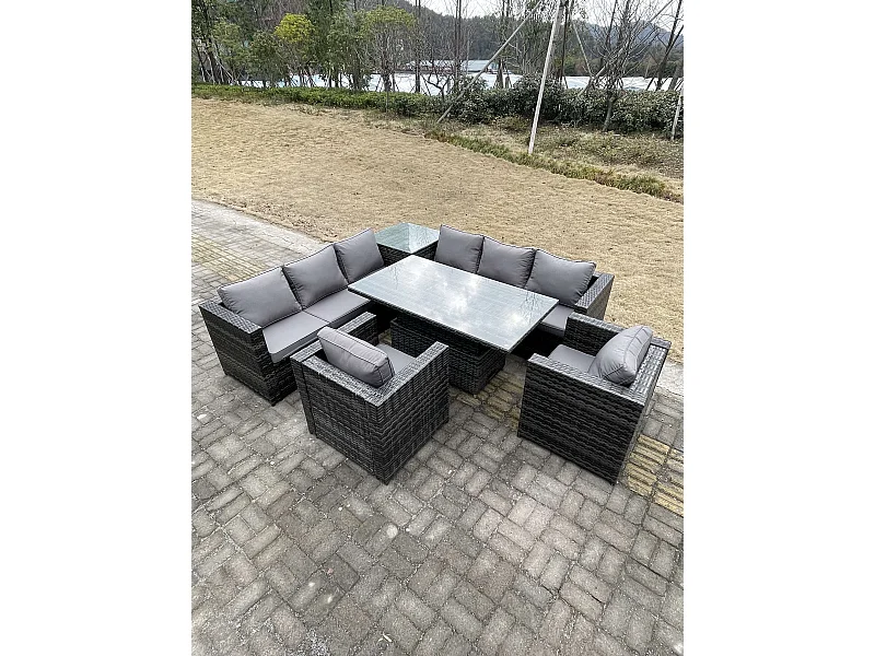 Rattan Gartenmöbel Set Polyrattan 8-Sitzer mit Ecksofa Einstellbare Höhe Esstisch 2 Stuhl Dunkelgrau gemischt