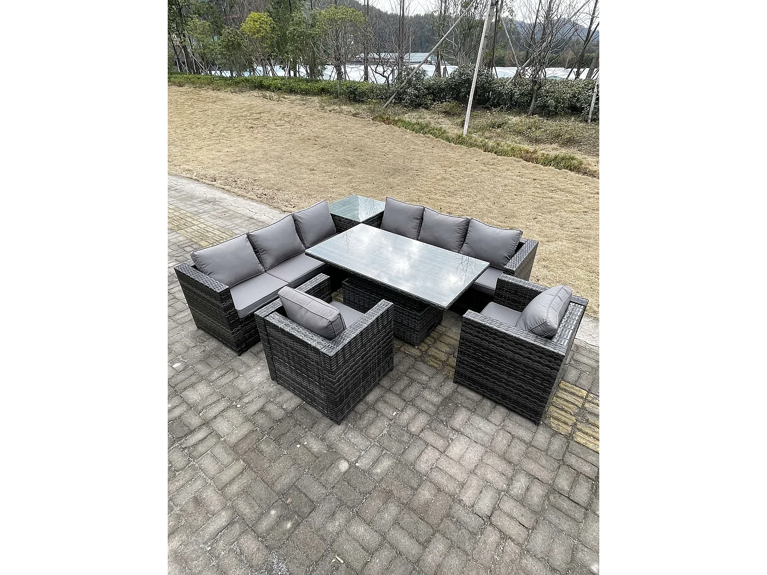 Mobilier de jardin extérieur PE Rotin 8 Places ave canapé Table à manger réglable en hauteur 2 Chaise Mélange gris foncé