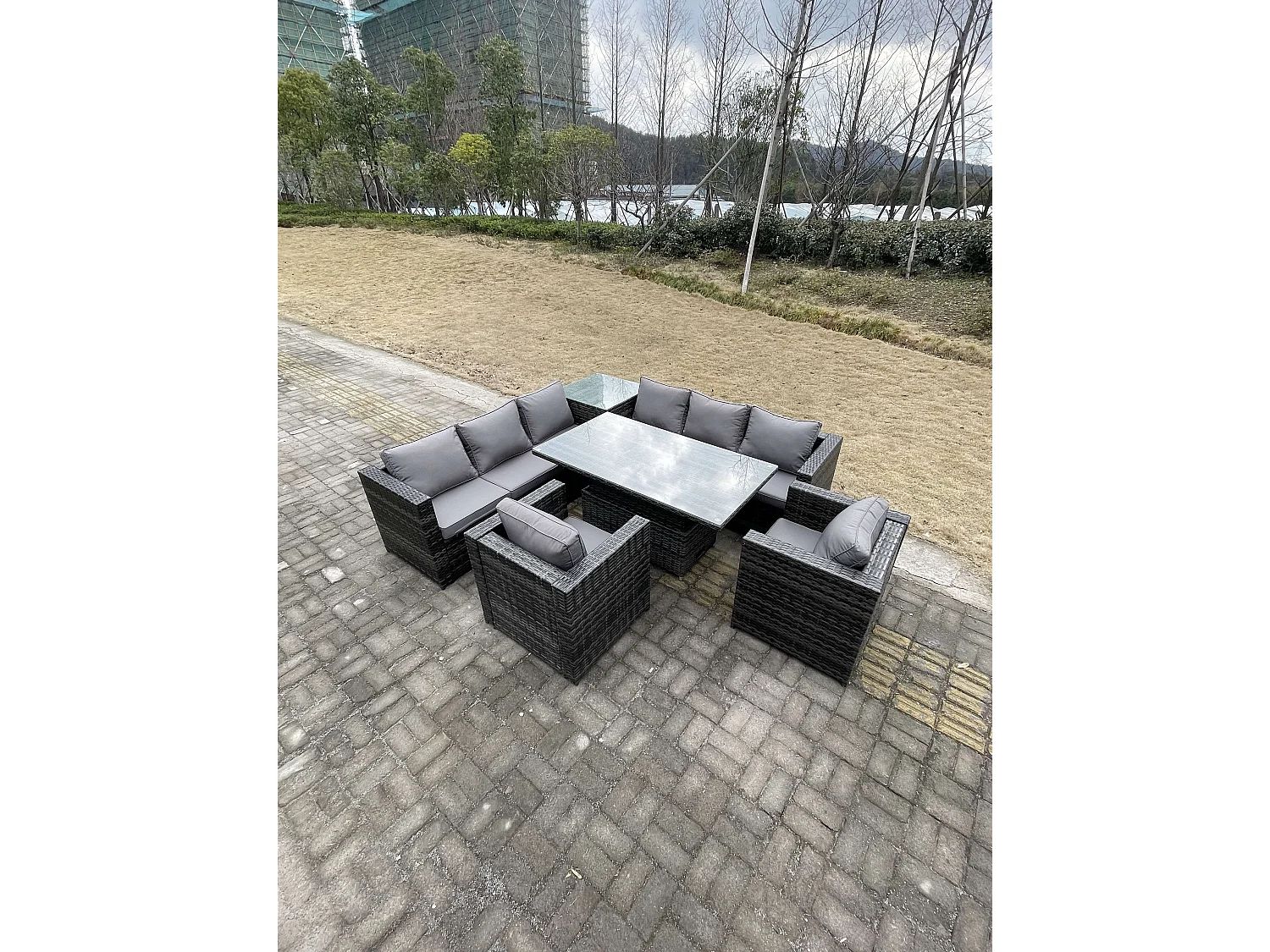 Mobilier de jardin extérieur PE Rotin 8 Places ave canapé Table à manger réglable en hauteur 2 Chaise Mélange gris foncé