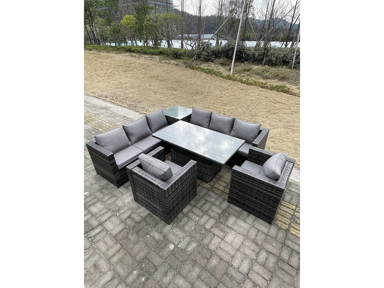 Mobilier de jardin extérieur PE Rotin 8 Places ave canapé Table à manger réglable en hauteur 2 Chaise Mélange gris foncé