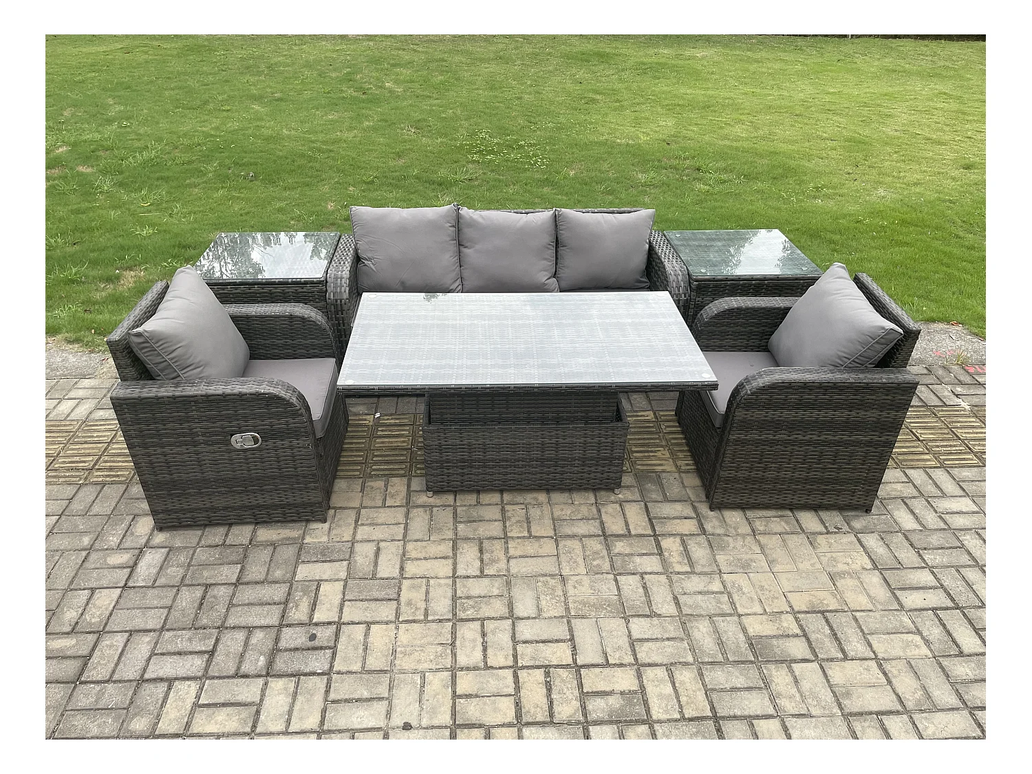 Polyrattan Gartenmöbel Set mit sofa Einstellbare Höhe Esstisch 2 Liegestuhl Dunkelgrau gemischt
