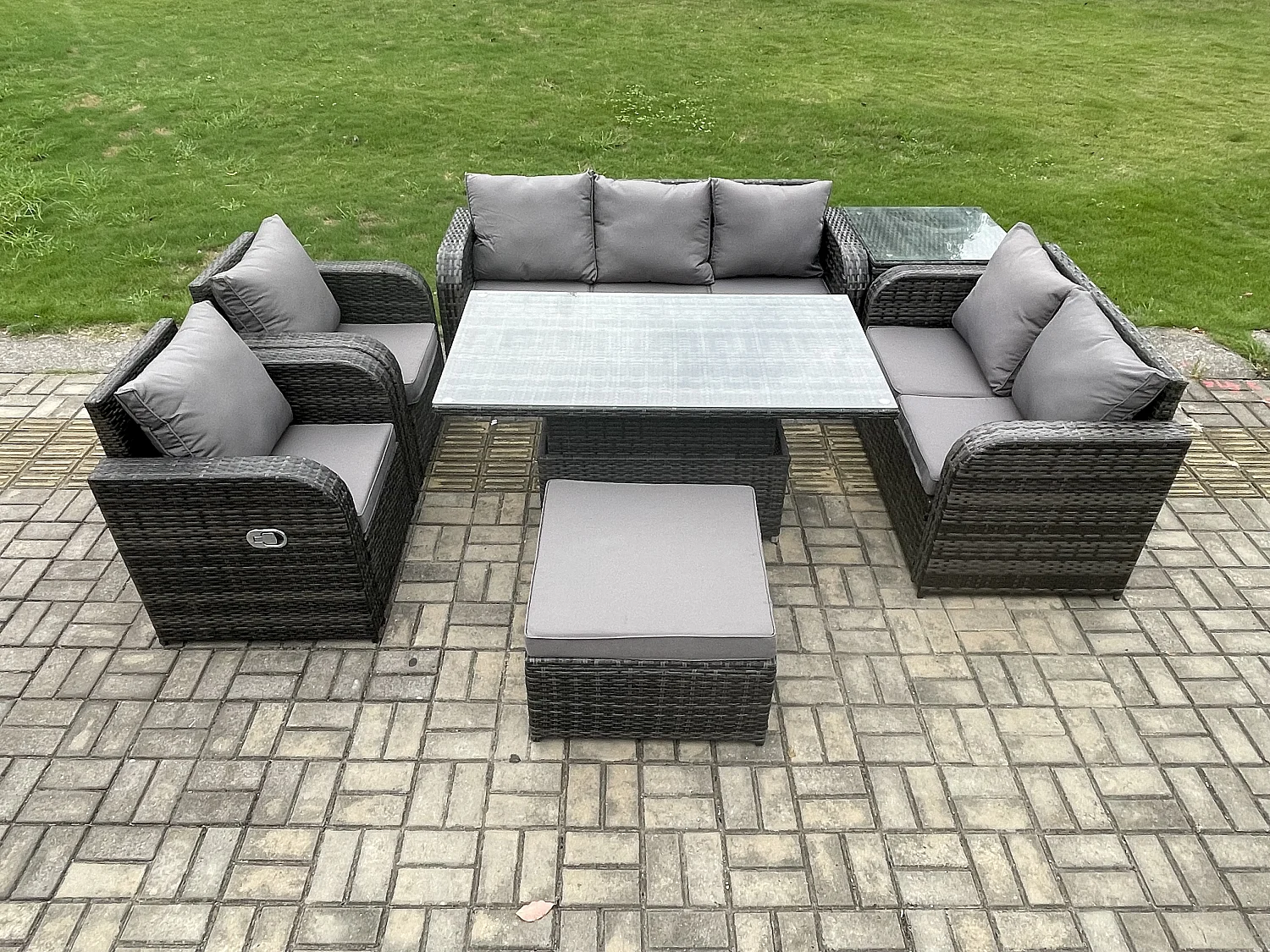Fimous Rattan Outdoor Garden Furniture Sets Height Adjustable Rising lifting Dining Table Reclining Chair Sofa Set with Side Table Big Footstool Dark Grey Mixed