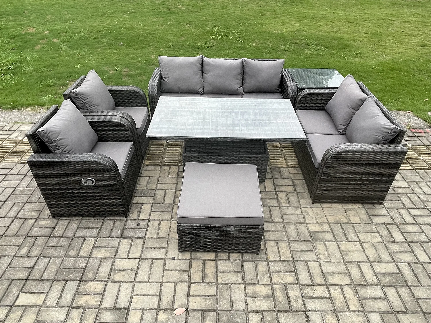 Fimous Rattan Outdoor Garden Furniture Sets Height Adjustable Rising lifting Dining Table Reclining Chair Sofa Set with Side Table Big Footstool Dark Grey Mixed