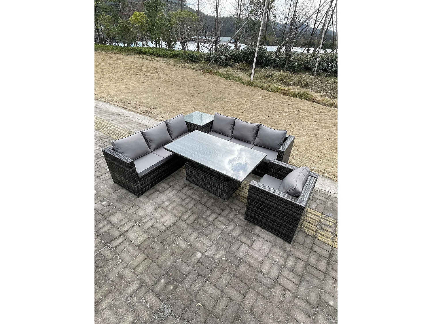 Fimous 7 Seater PE Rattan Corner Sofa Set Garden Furniture Rising Adjustable Dining Table Set High Side Coffee Table With Arm Chair