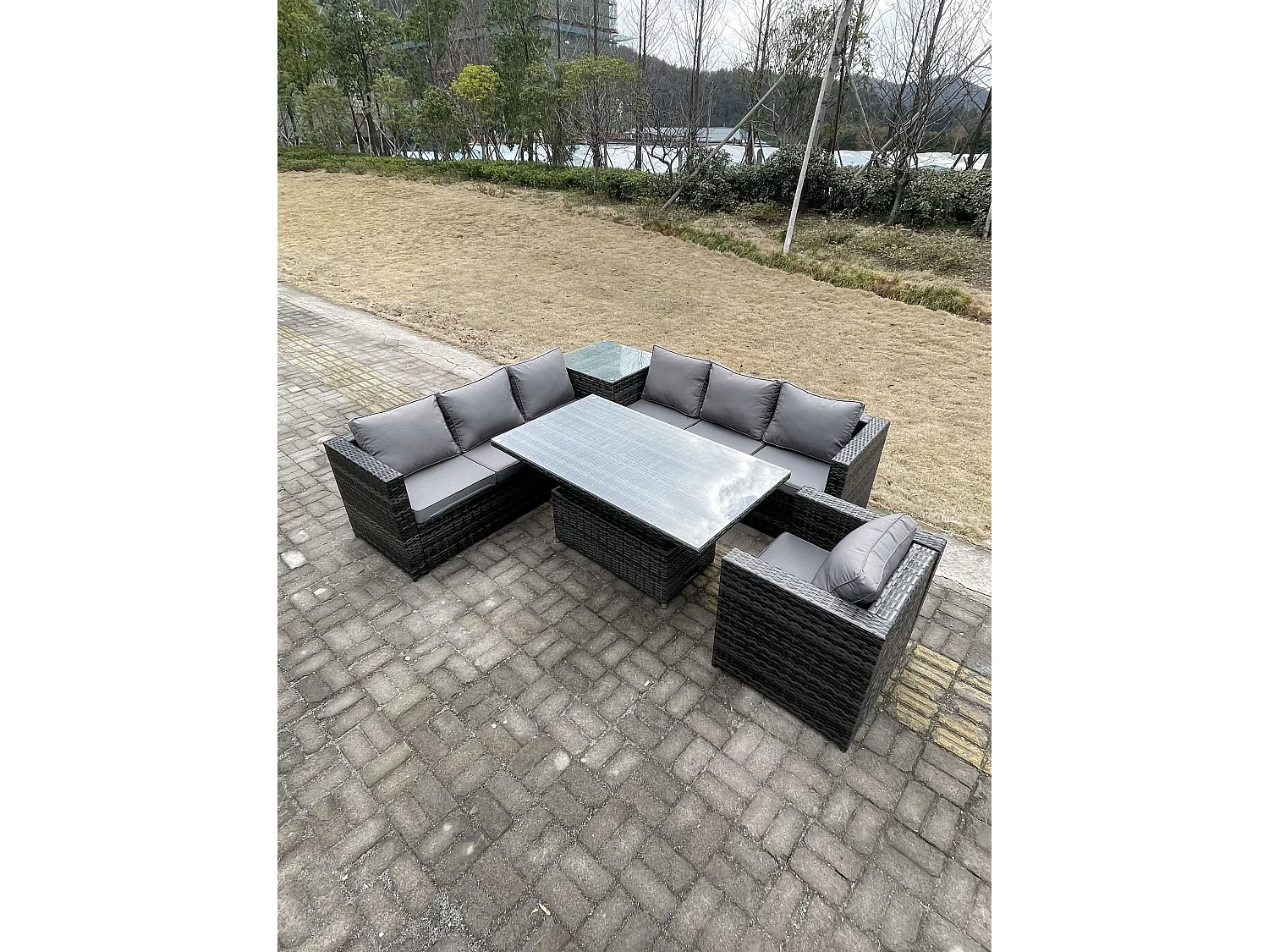 Fimous 7 Seater PE Rattan Corner Sofa Set Garden Furniture Rising Adjustable Dining Table Set High Side Coffee Table With Arm Chair