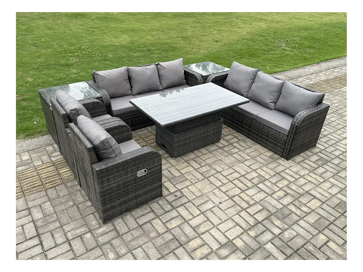 Polyrattan Gartenmöbel Set mit Einstellbare Höhe Esstisch 2 Liegestuhl 2 Beistelltisch