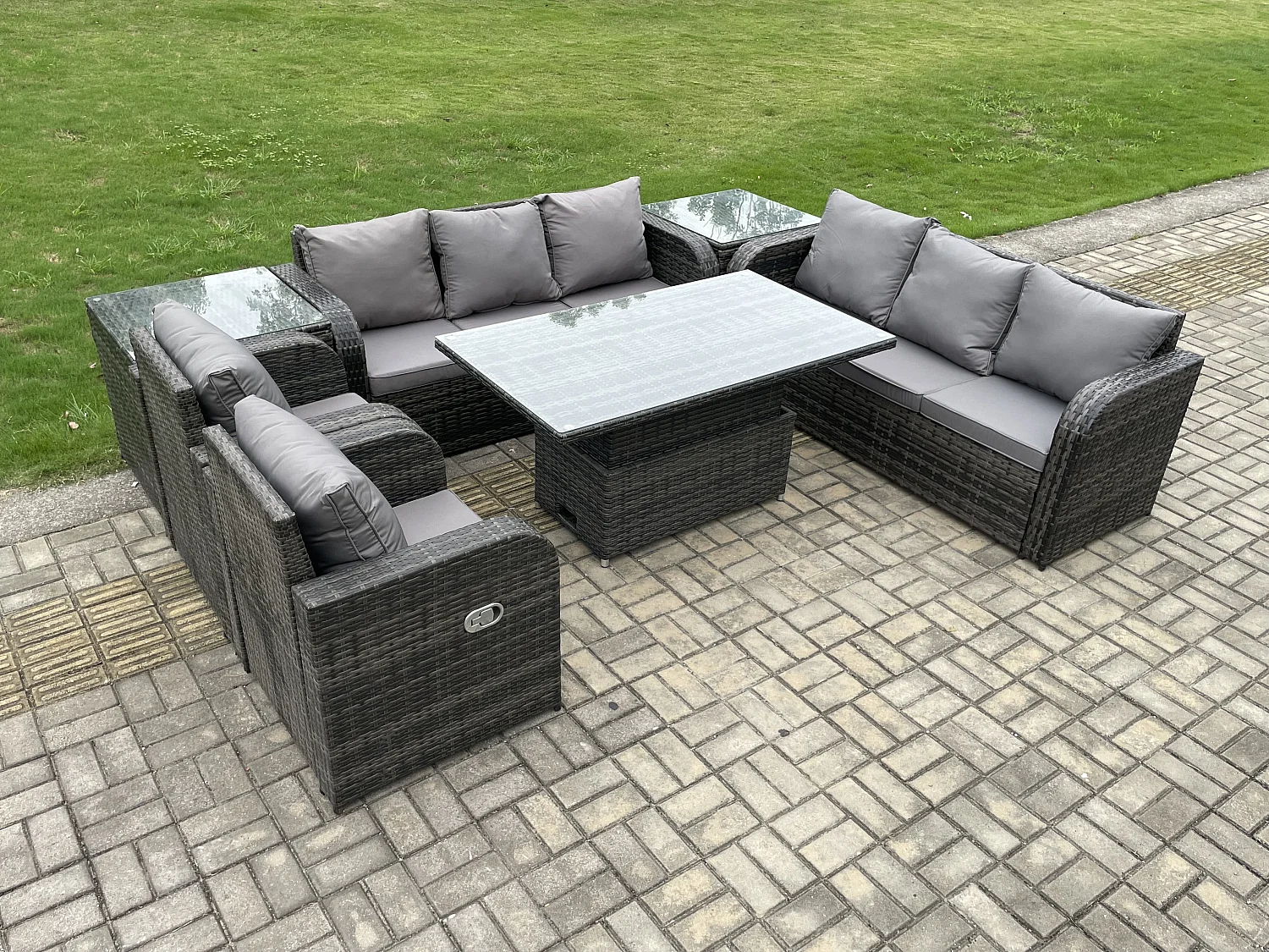 Fimous PE Rattan Outdoor Garden Furniture Sets Height Adjustable Rising lifting DiningTable Sofa Set with Reclining Chair 2 Side Tables Dark Grey Mixed