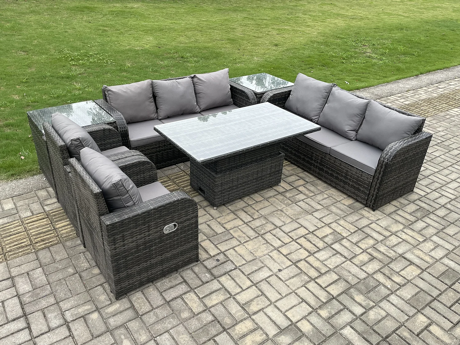 Fimous PE Rattan Outdoor Garden Furniture Sets Height Adjustable Rising lifting DiningTable Sofa Set with Reclining Chair 2 Side Tables Dark Grey Mixed