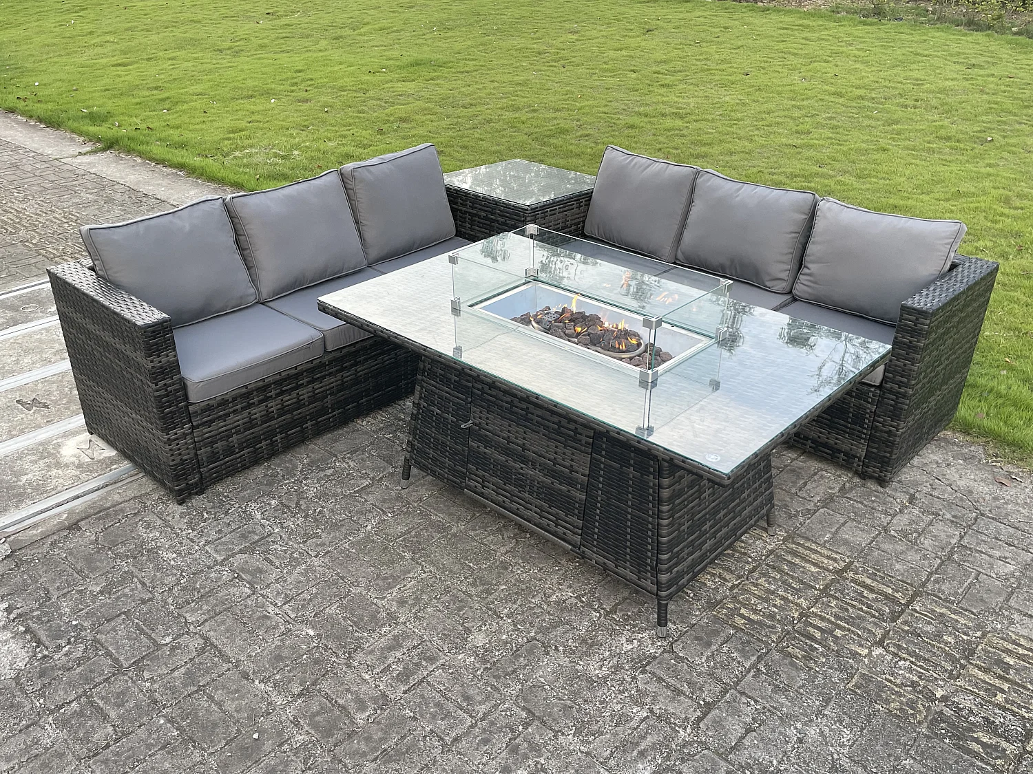 Fimous Outdoor Rattan Garden Corner Furniture Gas Fire Pit Table Dining Sets Gas Heater Burner Lounge Dark Grey 6 Seater